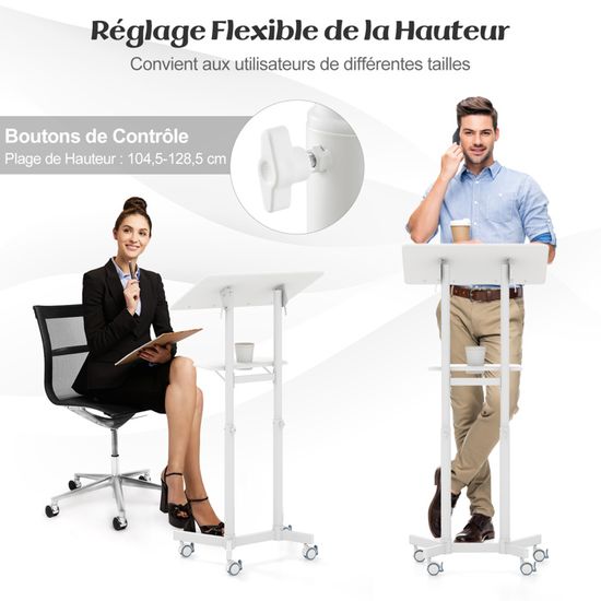Pupitre Mobile COSTWAY - Hauteur Réglable 104,5-128,5 Cm, Plateau Inclinable, Roulettes - Pour Présentation, église, Bureau