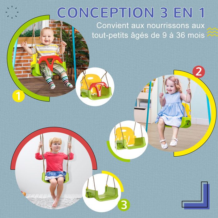 Balançoire agrès face à face enfant 3 à 6 ans - assises, dossiers, repose-pieds - acier gris PE vert - Outsunny