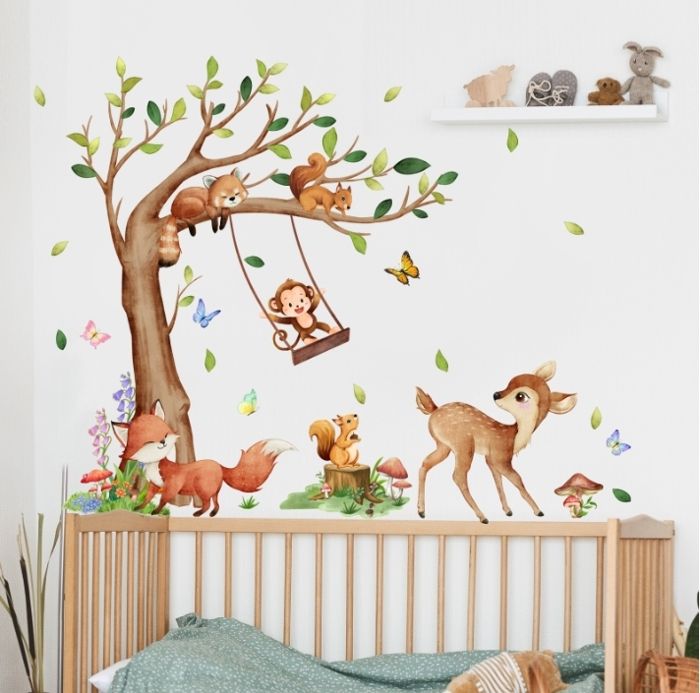 Stickers Muraux Animaux Jungle - Lions, Singes, Léopards, 100x100cm, PVC Facile à Poser