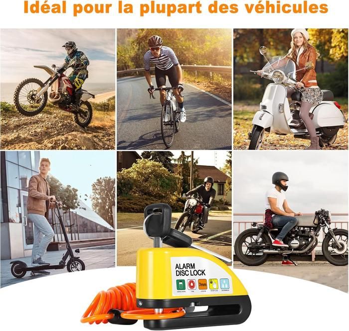 EFEALL Antivol Disque Frein Moto Alarme 110dB - Câble 1,2m - Pour Moto, Scooter, Vélo Électrique