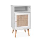 SWEEEK Table de chevet décor bois blanc en cannage - Bohème - 40x39x70cm. blanc - 2 niveaux - 1 porte - 1 espace de rangement - pieds