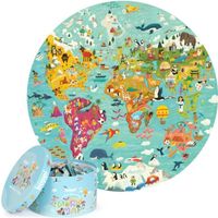 Puzzle rond Carte du monde boppi avec carton 100 % recyclé 150 pièces avec animaux pour les enfants 150 pièces pour enfants 3+ ans 