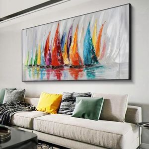 TABLEAU - TOILE Tableau abstrait sur toile Peinture colorée de bateau à voile Peintures à l'huile sur toile de grande taille Art mural pour