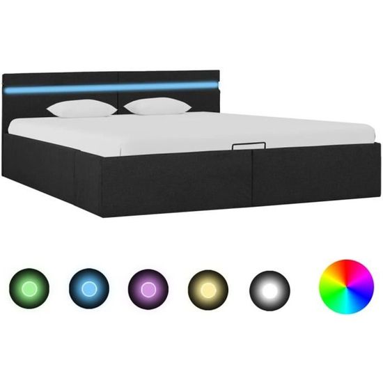 Cadre de lit + Sommier à stockage avec LED Gris foncé Tissu 160x200 cm 