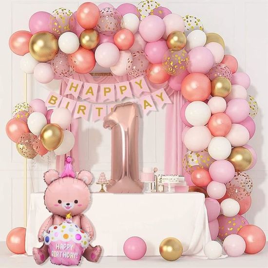 Déco Anniversaire 1 An Fille, Ballons Ours Roses, Chiffre 40 Pouces | Ballon chiffre 1 rose 40 pouces, ballons ours roses, cœurs, nœuds, bannière