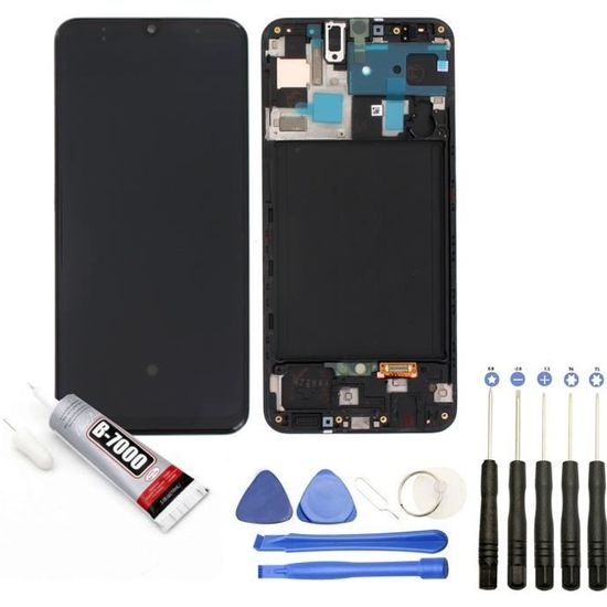 Vitre tactile + Ecran LCD sur châssis compatible avec Samsung Galaxy A50 SM-A505F taille 6.4" Noir + Kit outils + Colle B7000