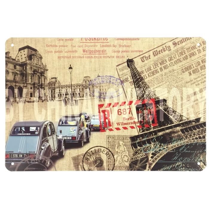 Cadre Tableau Plaque Murale métal Voiture - Tour Eiffel - Paris - rétro Vintage - 30 x 20 cm G