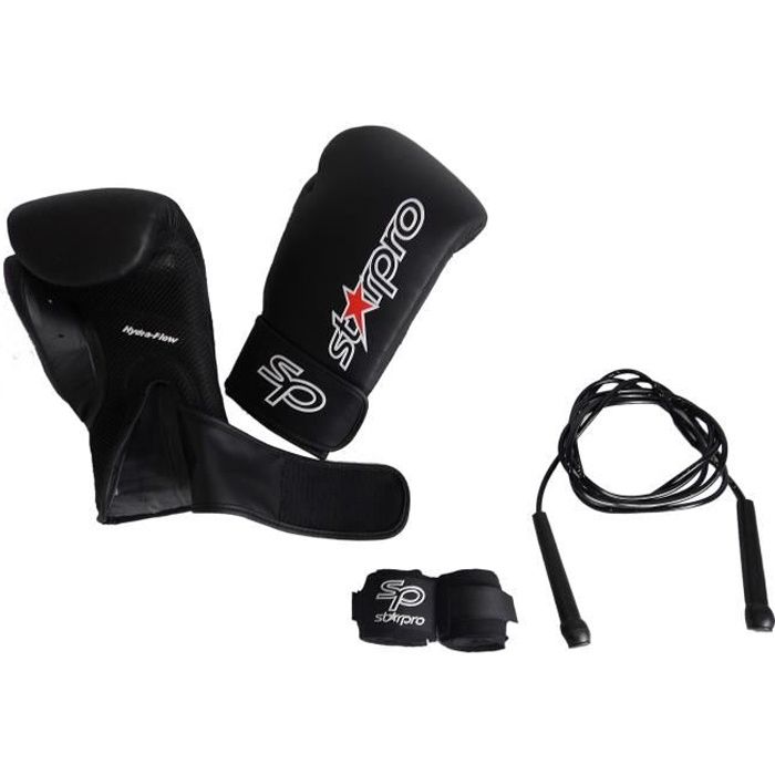 Kit de boxe : Gants de boxe, corde à sauter, bandes Noir