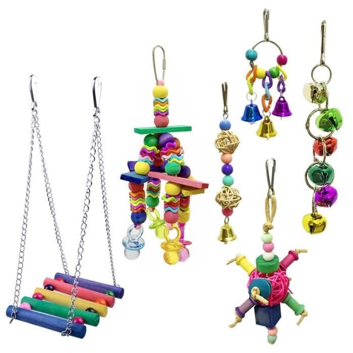 Jouet,Transer 6 pcs-lot perroquet oiseau jouets ensembles suspendus pont en bois coloré perles cloche jouets - Type bird toy