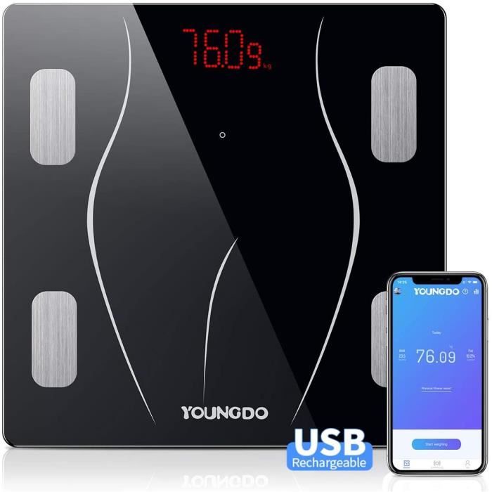 YOUNGDO Pèse Personne Impédancemètre, Balance Connectée, Balance Pèse Personne, 23 Données(IMC/Taux de Graisse/Poids Osseux, etc), 9