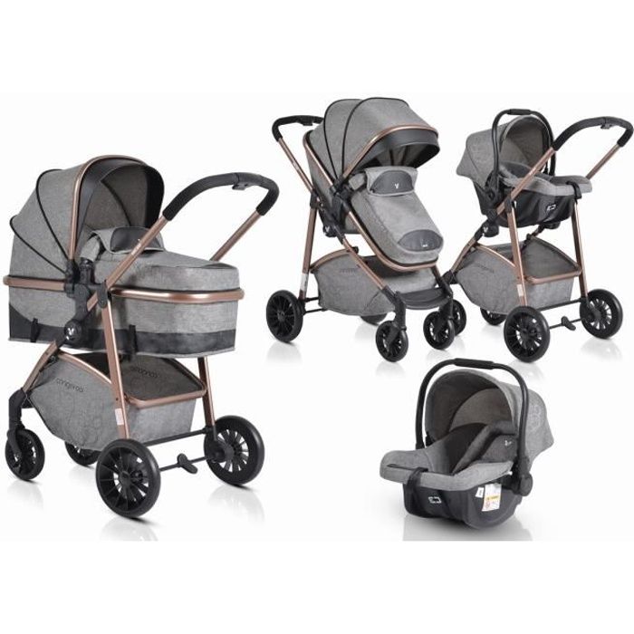 Cangaroo - Poussette combinée - trio 3 en 1 avec siège auto - nacelle - groupe 0m+ - de 0 à 15kg - Milan gris