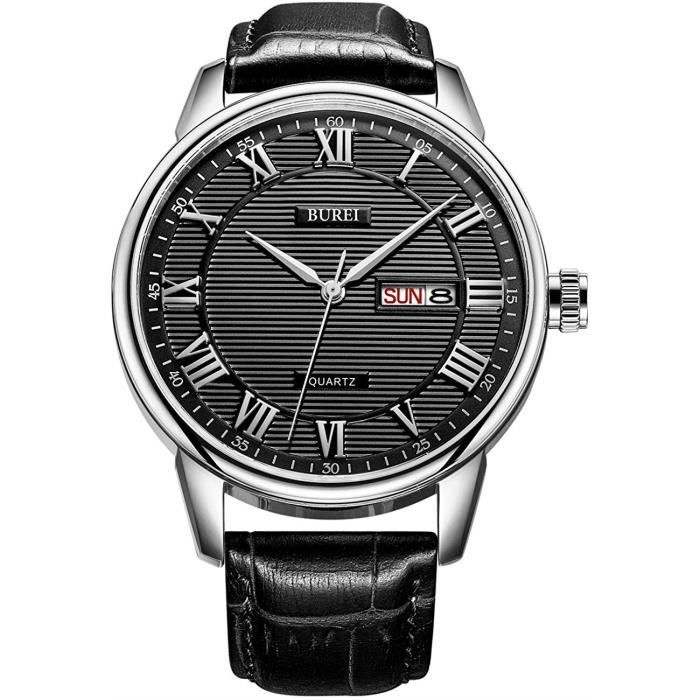 BUREI Montre Hommes Classique à Quartz pour de avec Jour Date et Chiffres Grand Chiffres Romains Cadran Texturé et Bracelet 2140