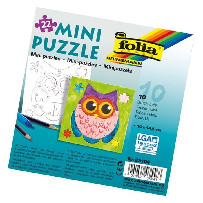 Folia ? Mini Puzzle Hibou, 14 x 14,5 cm, 22 pièces, Lot de 10, Blanc - 23104