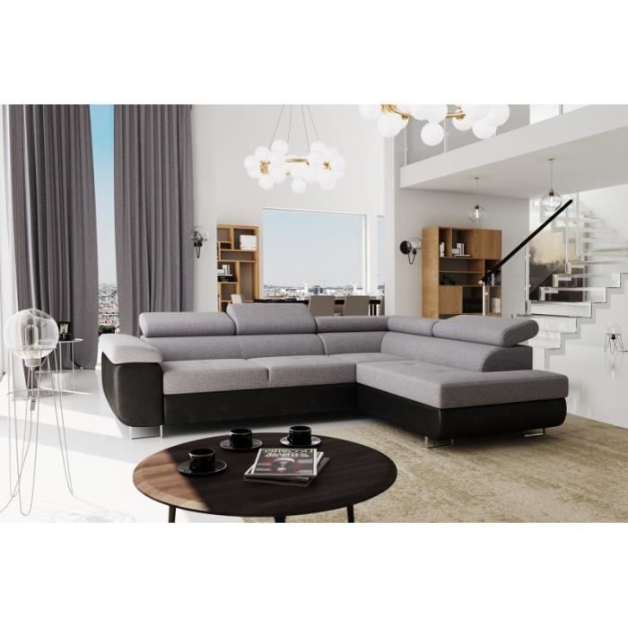 UTON - Canapé d'angle droit convertible et avec coffre de rangement gris clair et noir