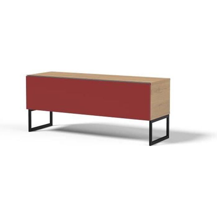 MEUBLE TV BOIS CLAIR LARGEUR 120 CM AVEC PORTE EN VERRE ROUGE - MADISON 120