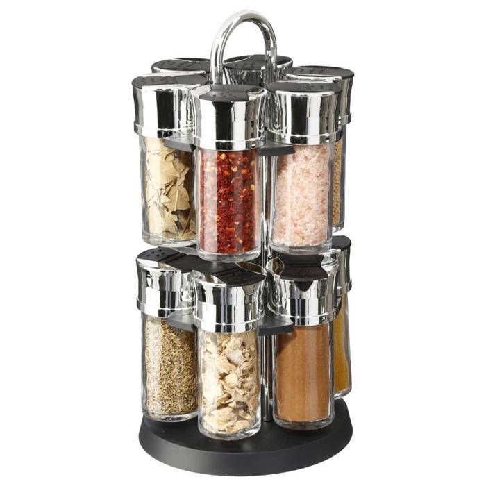 Présentoir Carrousel à épices et herbes aromatiques sur support rotatif et 12 pots en verre avec épices