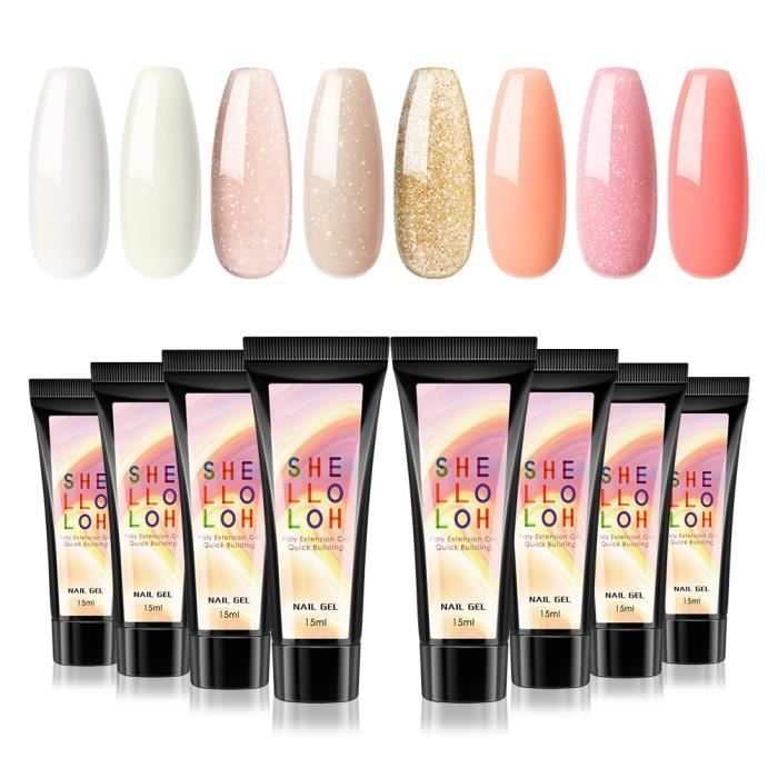 Shelloloh Kit 8 Couleurs Soak Off Vernis à Ongle UV Poly Polish Nail Extension Gel Complet Nail Art Manucure Vernis Gel Coloré