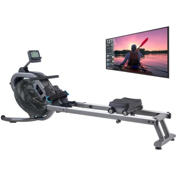 Skandika Nemo IV - Rameur à Eau - Résistance réglable: 6 niveaux - Double Rail - Bluetooth - Support tablette - Max. 150 kg - Argent
