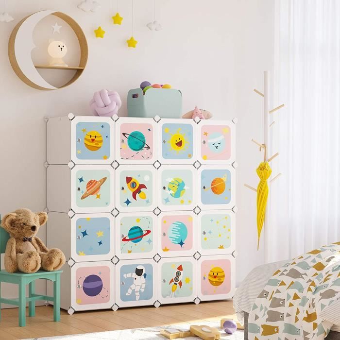 SONGMICS Armoire modulable, Placard de Rangement Portable, Organisateur vêtements Enfant, avec 16 Cubes, Blanc LPC905W01