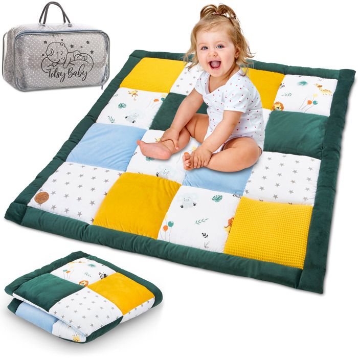 Tapis parc bebe patchwork 100x100 cm - couverture bébé naissance matelas parc Coton safari avec velours et piqué gaufré