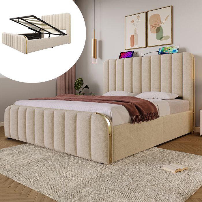 Lit coffre 140x200cm - en tissu lin - avec Ports de chargement USB et Type-C - sommier à lattes - style moderne - Beige Lit coffre 140x200cm - en tissu lin - avec Ports de chargement USB et Type-C - sommier à lattes - style moderne - Beige