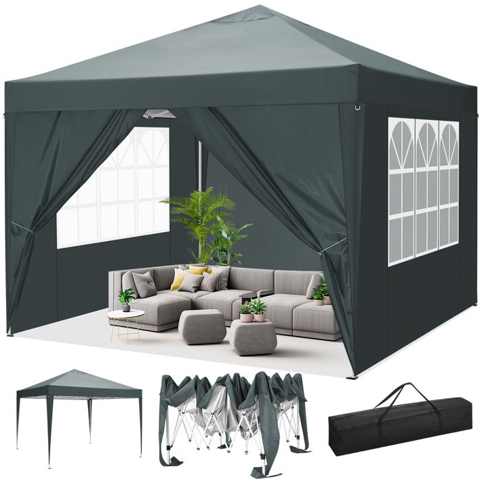 Tonnelle 3x3 Tonnelle Pliante de Jardin Imperméable avec 4 parois latéralesGris