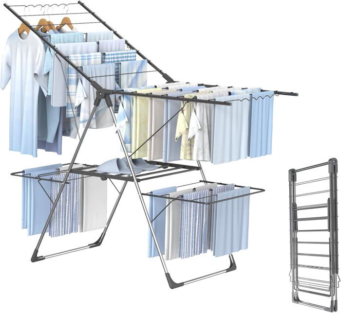 FACILITYS - Étendoir Linge Intérieur - Séchoir à Linge Pliable, 172 x 67 x 168 cm, Étendage 30 m - Pieds Rabattables à 6 Roulettes - Étendoir à Linge en Acier Inoxydable - Format Familial