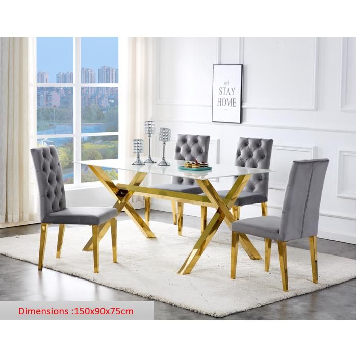 Table Repas IXE – Pied Gold & Verre Trempé – 150x90x75 cm