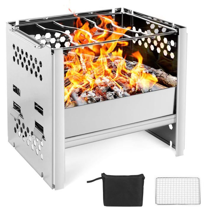 zhan-Réchaud de camping portable réchaud à bois léger avec grille et sac de rangement pliable compact et durable pour barbe
