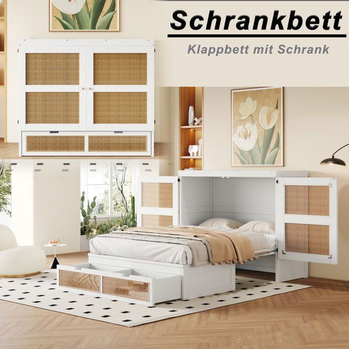 Lit Escamotable 140x200 cm Lit Mural avec Sommier à Lattes Lit Double en Bois avec Tiroirs de Rangement Blanc