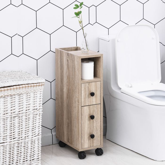Meuble bas colonne rangement salle de bain à roulettes chêne dim. 18L x 30l x 685H cm