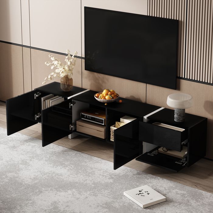 Meuble TV Avec 2 Portes Coulissantes, 9 Compartiments De Rangement Et Eclairage Led Marron 92418687