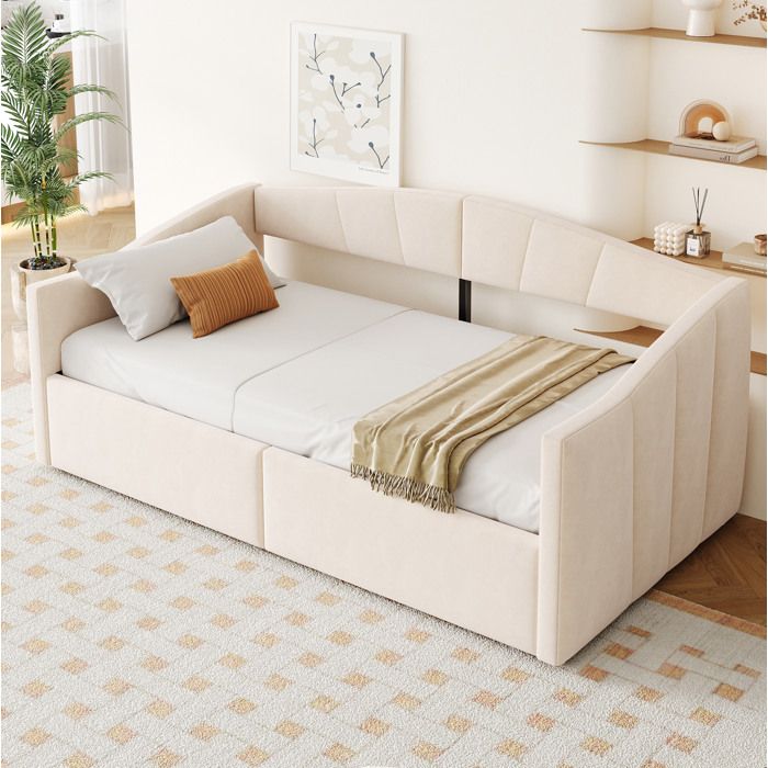 Lit banquette coffre 90x200 cm. hydraulique. sommier à lattes. sans matelas. velours beige