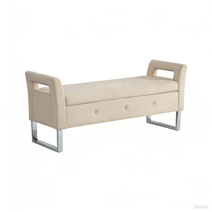 Banc Coffre - Bout de Lit Velours Capitonnée Beige - Banquette de Rangement - Design Pieds Métal - 138x51x60.5cm