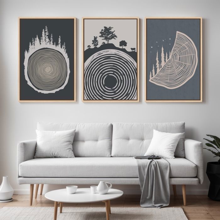 Triptyque Tableaux Nature & Anneaux de Bois–Impression sur Toile Murale Forêt Scandinave 41x61cm avec Cadre Flottant