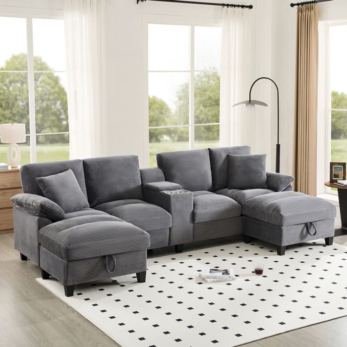 Canapé U 4-5 places gris L 293 x P 142 x H 93 cm rangements 2 USB velours côtelé