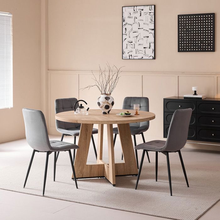 Table et chaises de salle à manger (4 chaises) - Style moderne - Table ronde en MDF - Chaises en tissu lin gris