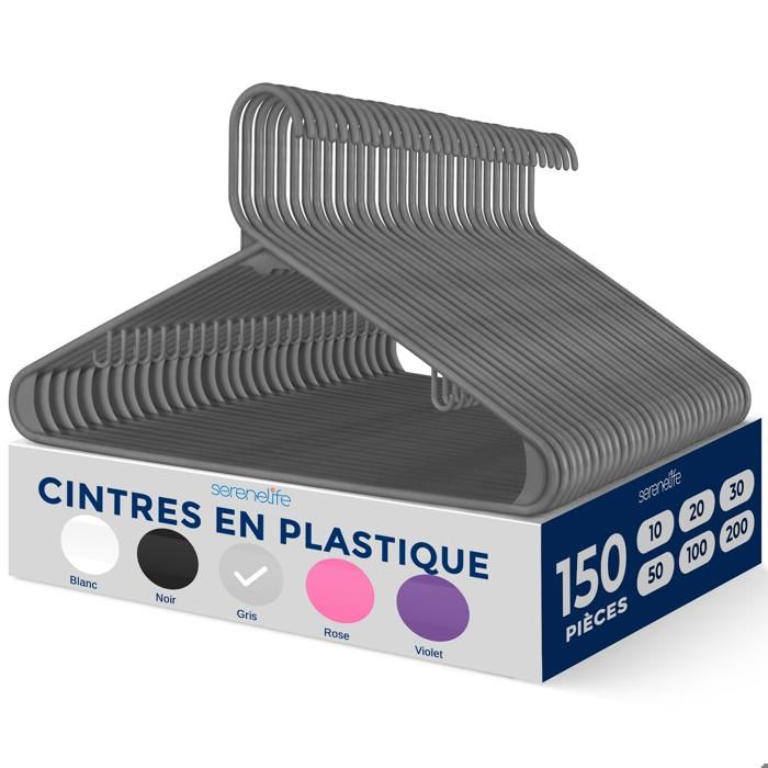 Cintres en plastique - SERENELIFE - Lot de 150 - Antidérapants - Ultra-fins - Bords renforcés