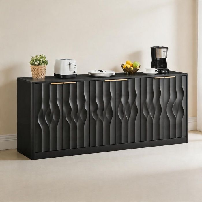 Buffet bas - 170 cm ondulé - 6 portes - MDF noir - Plateau aspect bois