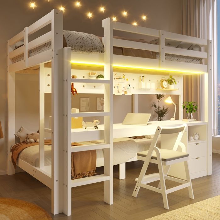 Lit superposé enfant 2/3 places 90/140x200cm Lit ado Lit double en bois avec bureau tiroirs panneau perforé bande LED - blanc