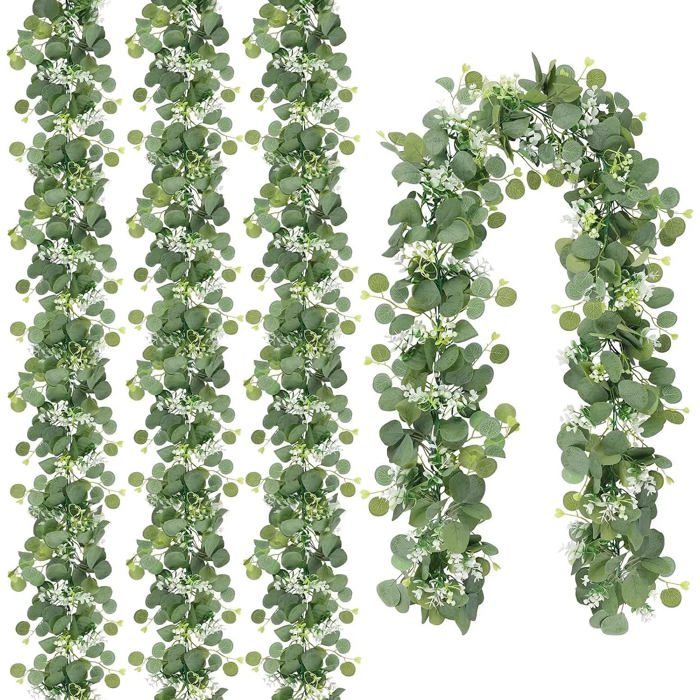Guirlande deucalyptus artificielle - VETOBIOL - Lot de 4 - Longueur totale 15 m - Feuilles vertes avec fleurs blanches