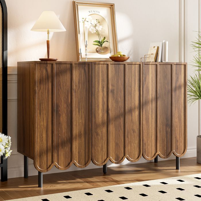 Buffet Bas 3 Portes Ondulées avec Étagères Réglables Ouverture par Pression MDF Noyer 120×35×80 cm - UVRION