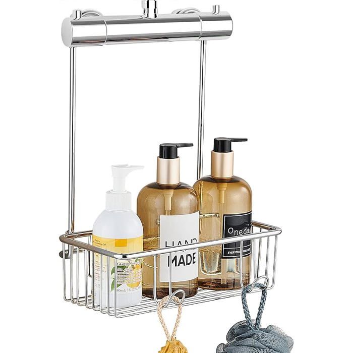Etagere à Suspendre Sans Perçage Porte Gel Douche pour Salles de Bains Compactes Panier Suspendu en Acier Argent Chromé