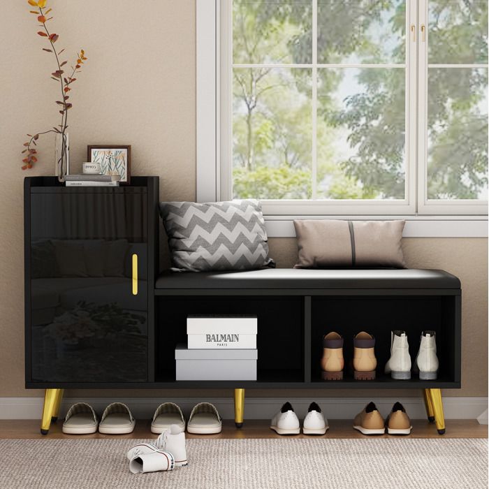 Banc coffre à chaussures noir brillant siège rembourré porte de placard rangement à étages finitions dorées