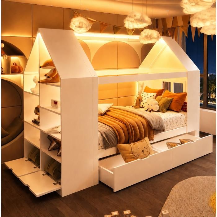 WUVRIE Lit cabane enfant 90 x 200 cm blanc avec 2 tiroirs LED intégrée étagères latérales