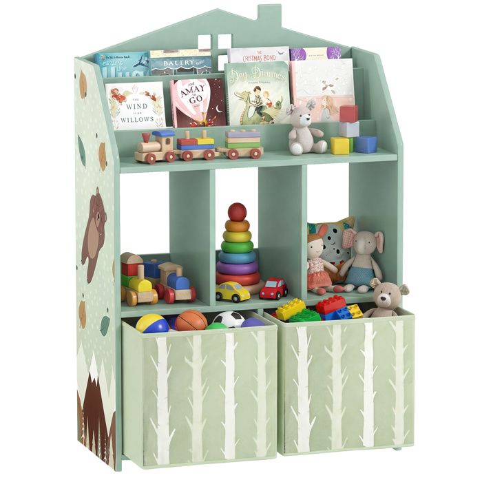 Meuble rangement enfant bibliothèque enfants avec étagères ouvertes et 2 tiroirs en tissu MDF vert