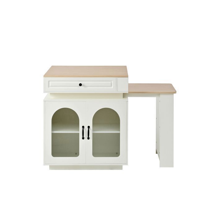 Îlot de Cuisine Extensible Multifonction avec Table à Manger 4 Personnes Buffet Bar Prises Intégrées Tiroir Cabinet Verre Blan