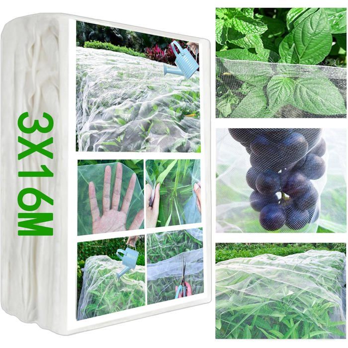 Filet de jardin–3 x 16 m–Filet anti-insectes pour légumes–Maille fine–Couverture de plantes surélevée–Filet de protection pour