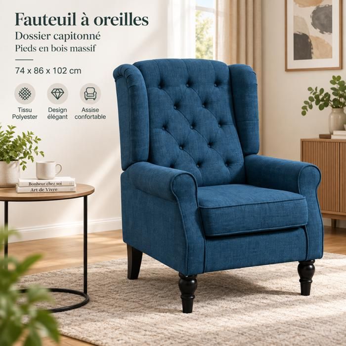 Fauteuil - SOGEU - Fauteuil Relax - Bleu capitonné - Dossier haut - Pieds bois massif