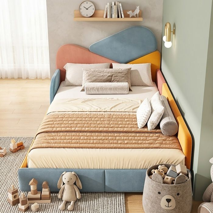 Lit double rembourré 140×200cm Lit ado adulte Lit capitonné en velours avec protection panneaux latéraux multicolore